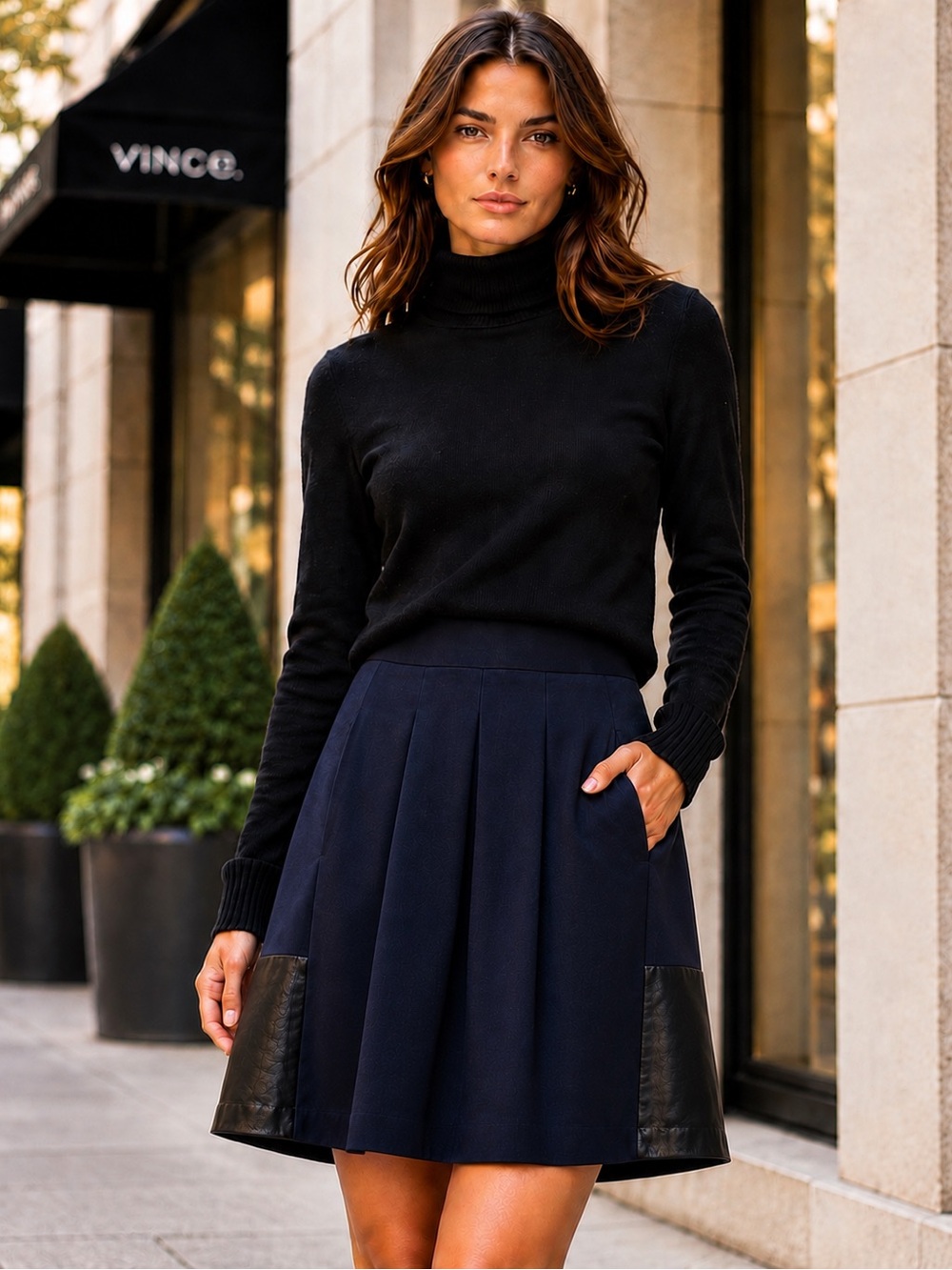 VINCE Navy Wool Blend A-Line Skirt Genuine Leather Insets Pleated Size 0